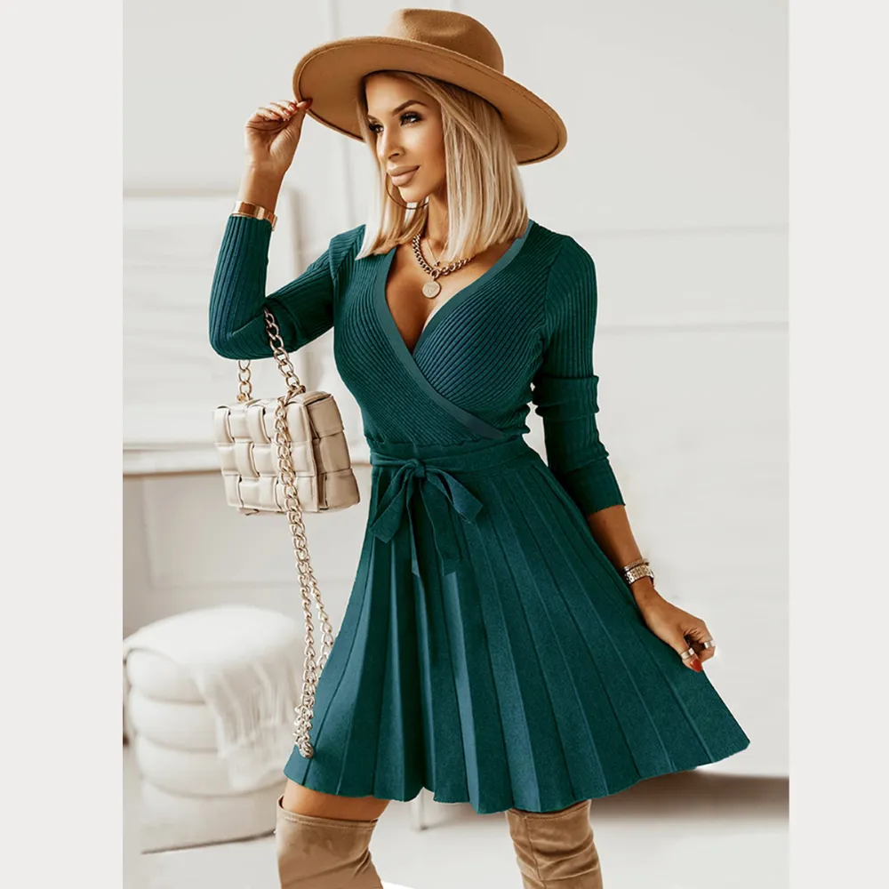 Surplice Neck Tie Front Pleated Sweater Dress