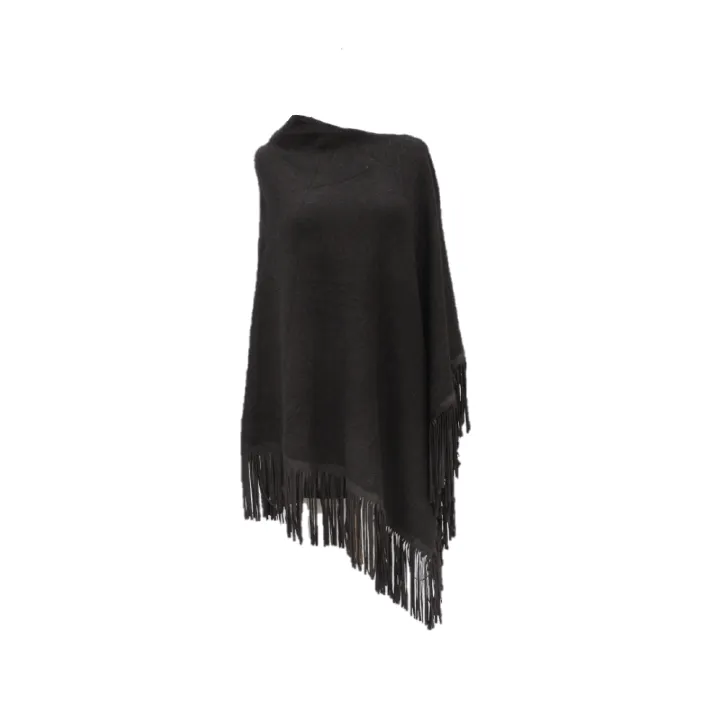 Triangle Knit Poncho with Suede Fringes - Black