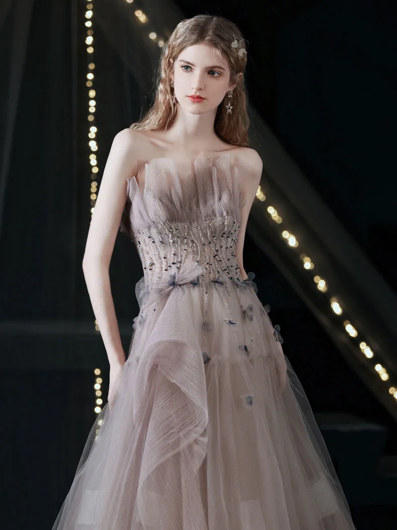 Unique Tulle Beads Long Prom Dress, Light Purple Tulle Evening Dress