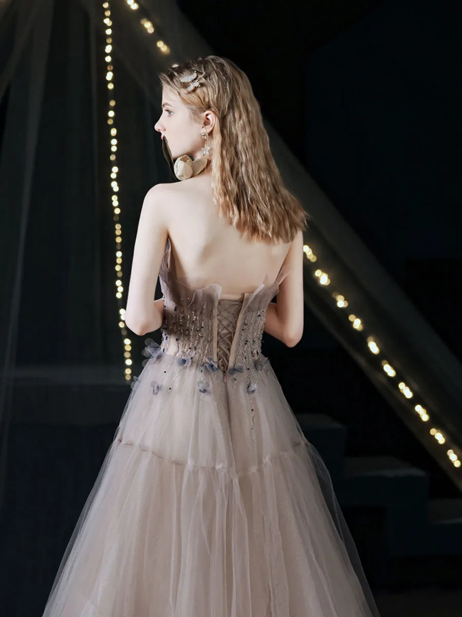 Unique Tulle Beads Long Prom Dress, Light Purple Tulle Evening Dress