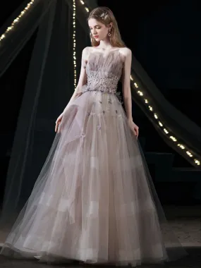 Unique Tulle Beads Long Prom Dress, Light Purple Tulle Evening Dress