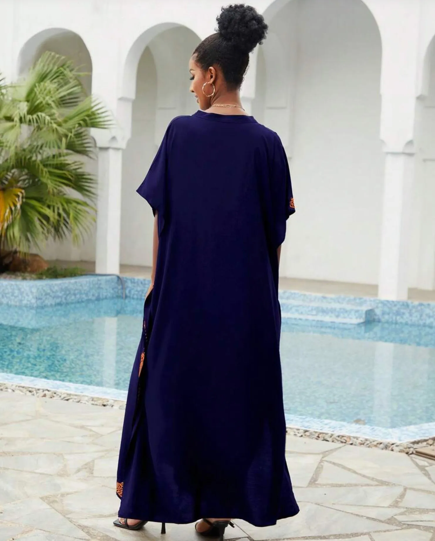 🌸Up to 50% off🔥Embroider Plus Size Kaftan Dress Beach Cover Up for Women Ethnic Print V-Neck Loose Caftan Maxi Dresses