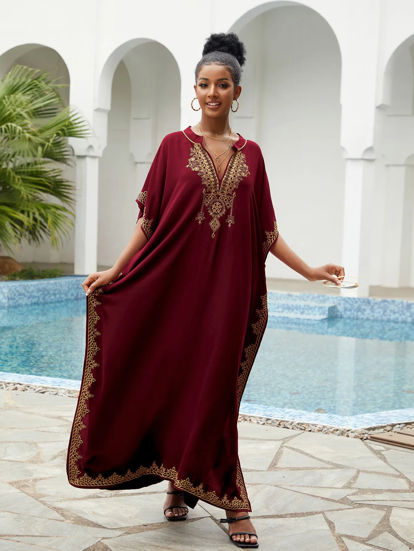 🌸Up to 50% off🔥Embroider Plus Size Kaftan Dress Beach Cover Up for Women Ethnic Print V-Neck Loose Caftan Maxi Dresses