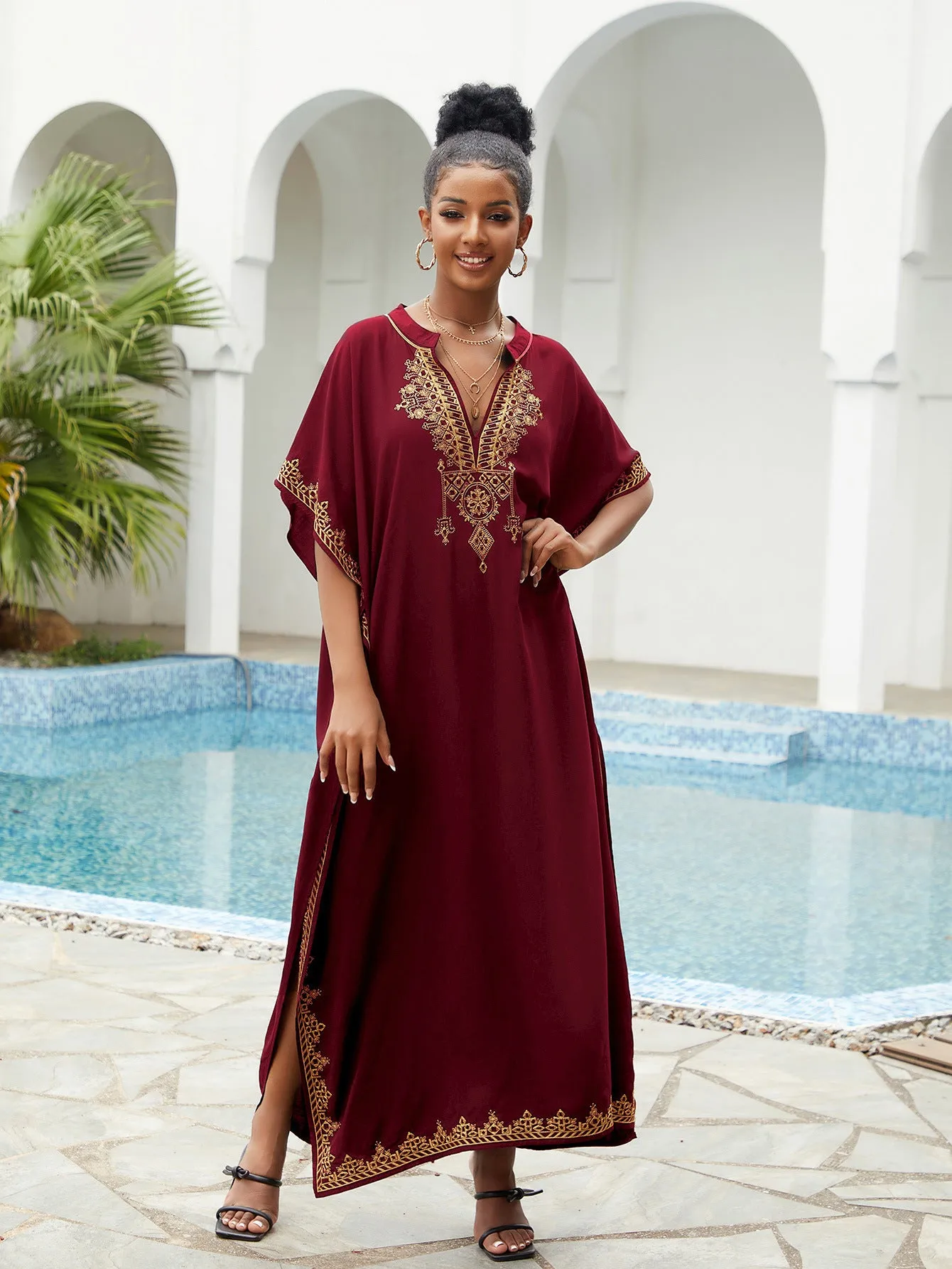 🌸Up to 50% off🔥Embroider Plus Size Kaftan Dress Beach Cover Up for Women Ethnic Print V-Neck Loose Caftan Maxi Dresses