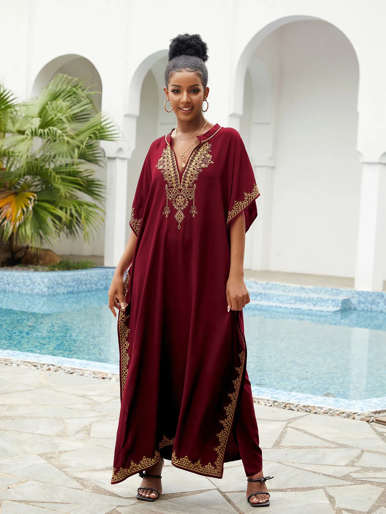 🌸Up to 50% off🔥Embroider Plus Size Kaftan Dress Beach Cover Up for Women Ethnic Print V-Neck Loose Caftan Maxi Dresses