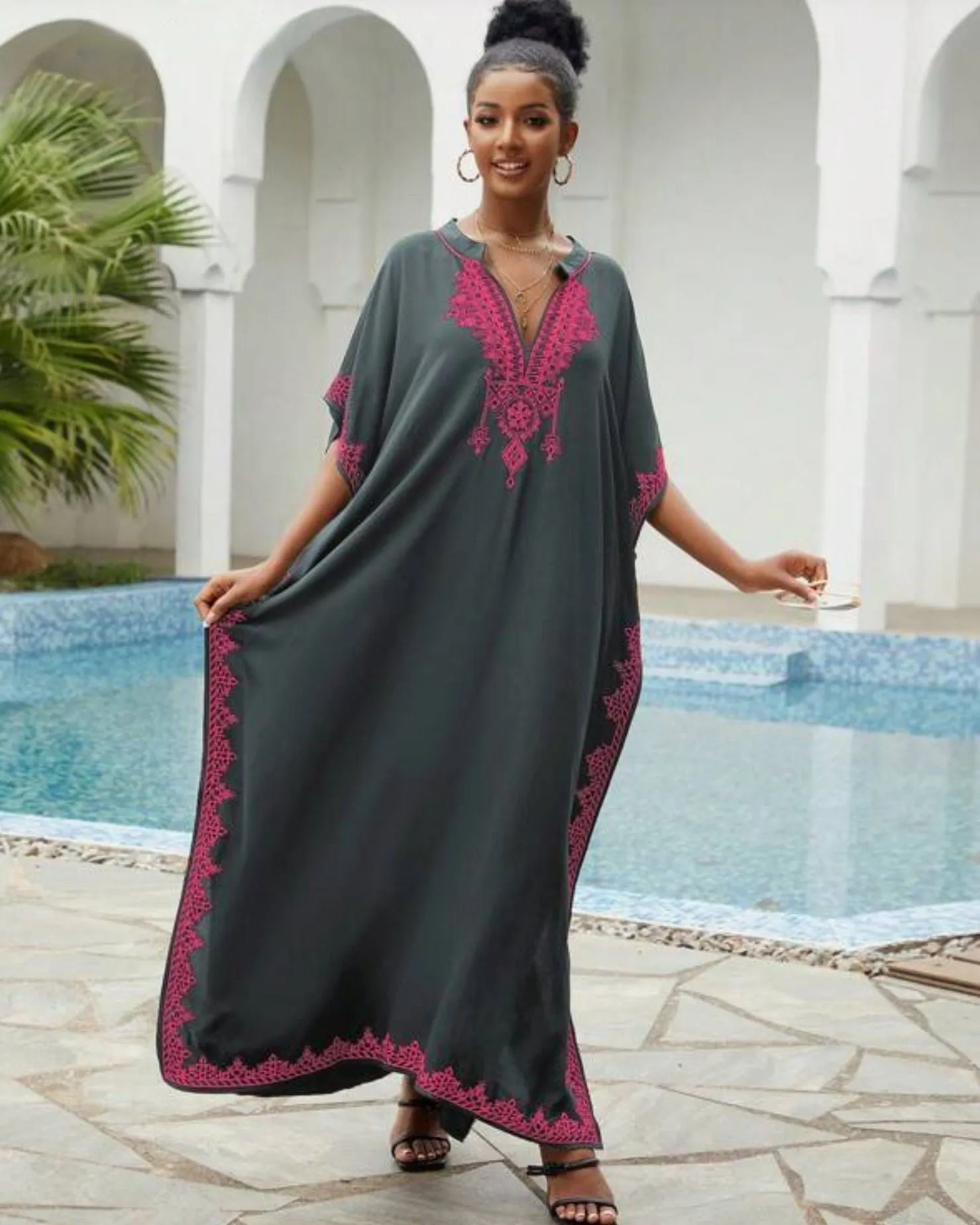 🌸Up to 50% off🔥Embroider Plus Size Kaftan Dress Beach Cover Up for Women Ethnic Print V-Neck Loose Caftan Maxi Dresses