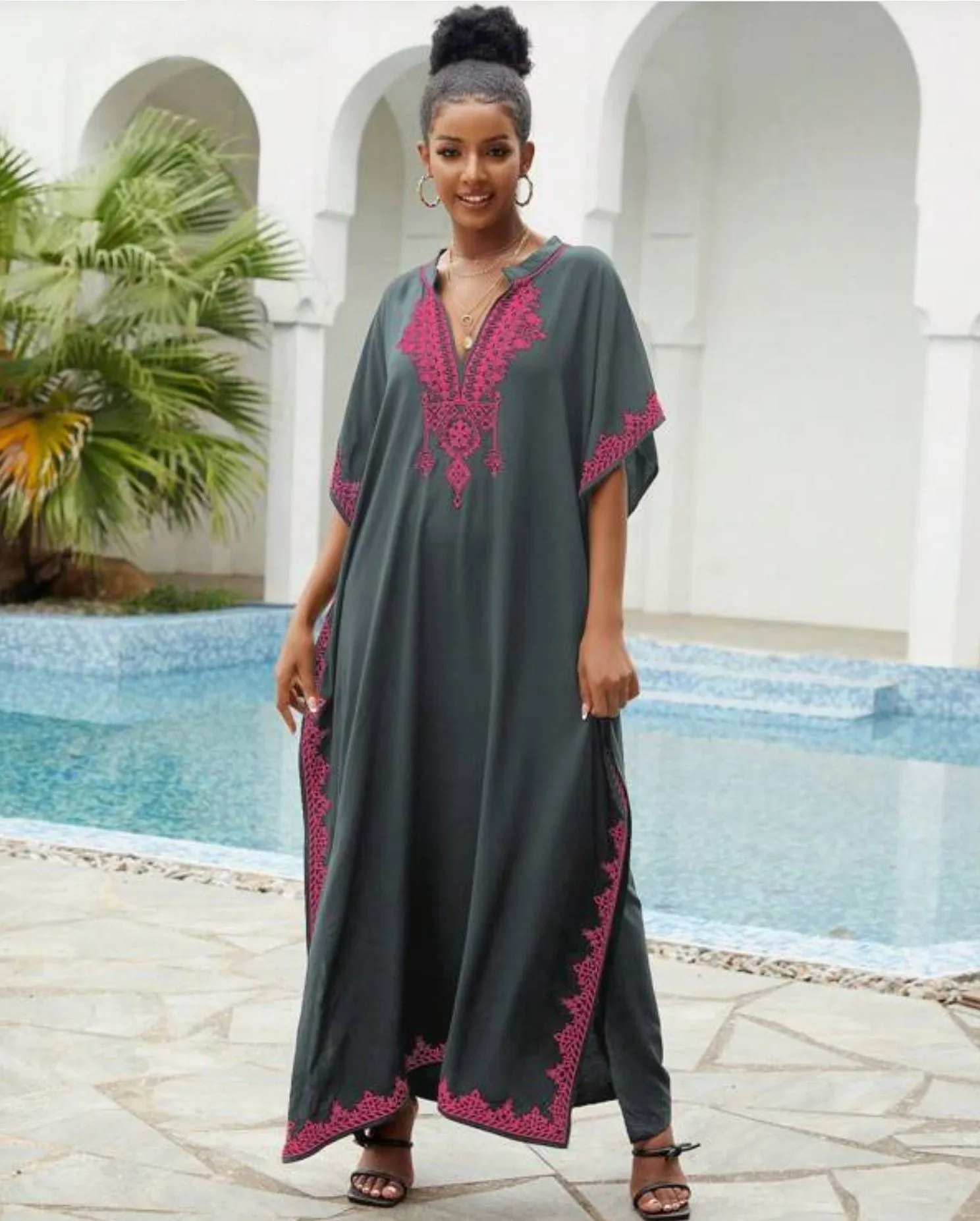 🌸Up to 50% off🔥Embroider Plus Size Kaftan Dress Beach Cover Up for Women Ethnic Print V-Neck Loose Caftan Maxi Dresses