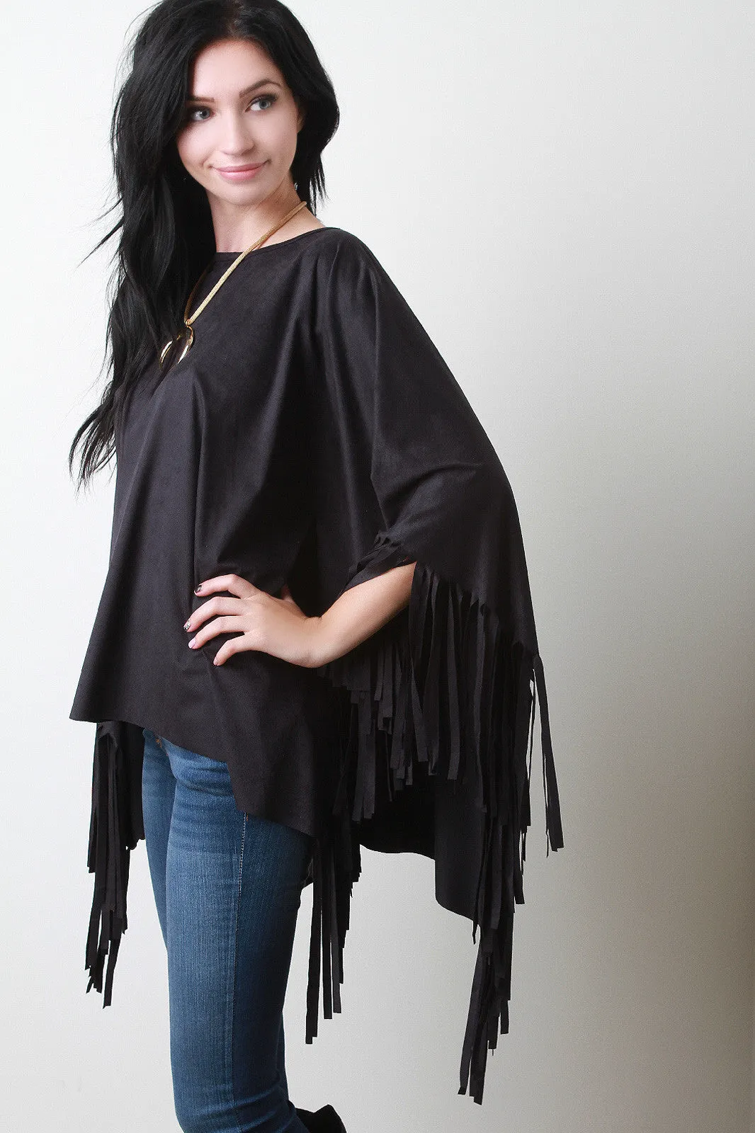 Vegan Suede Fringe Poncho