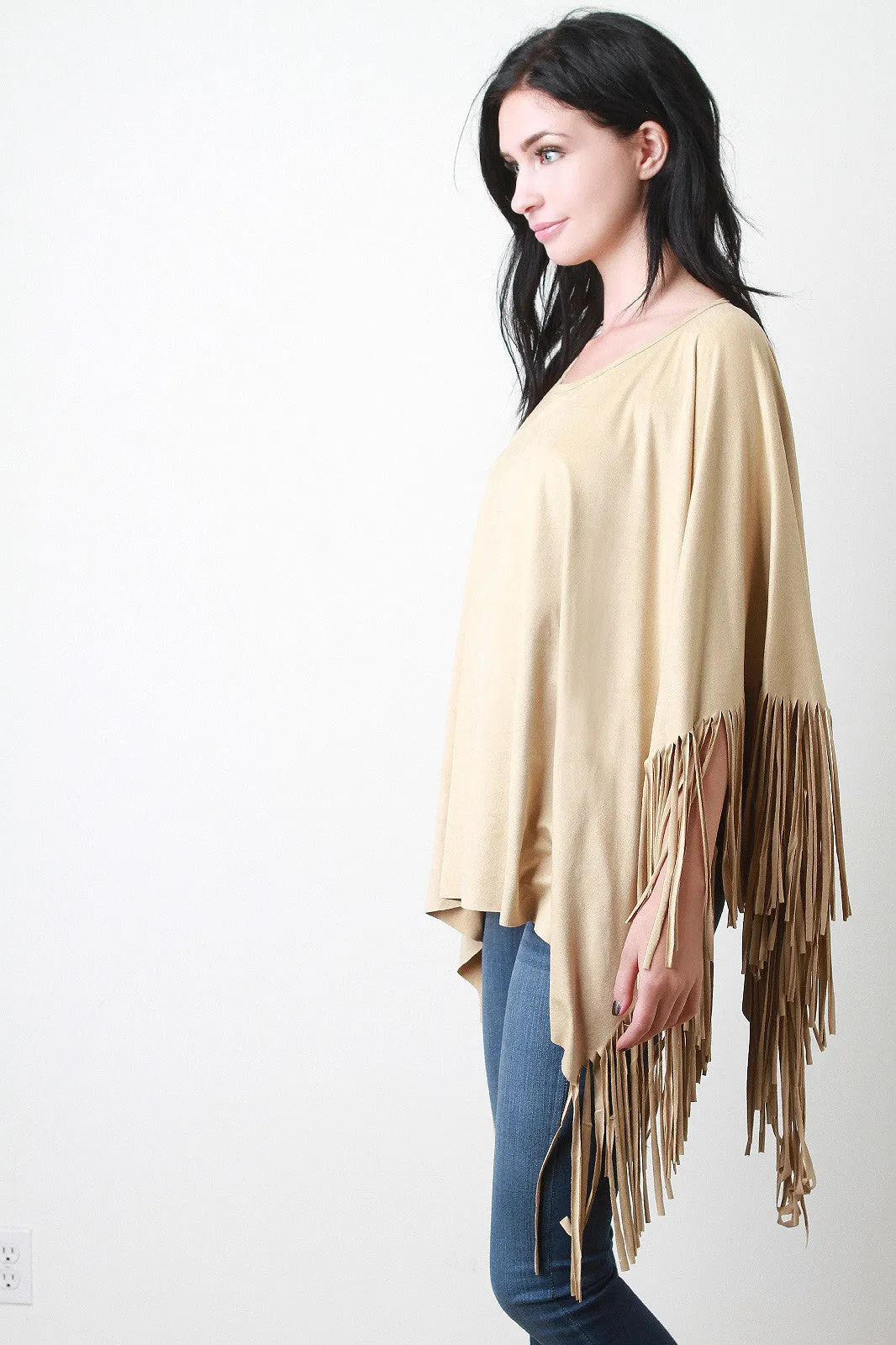 Vegan Suede Fringe Poncho