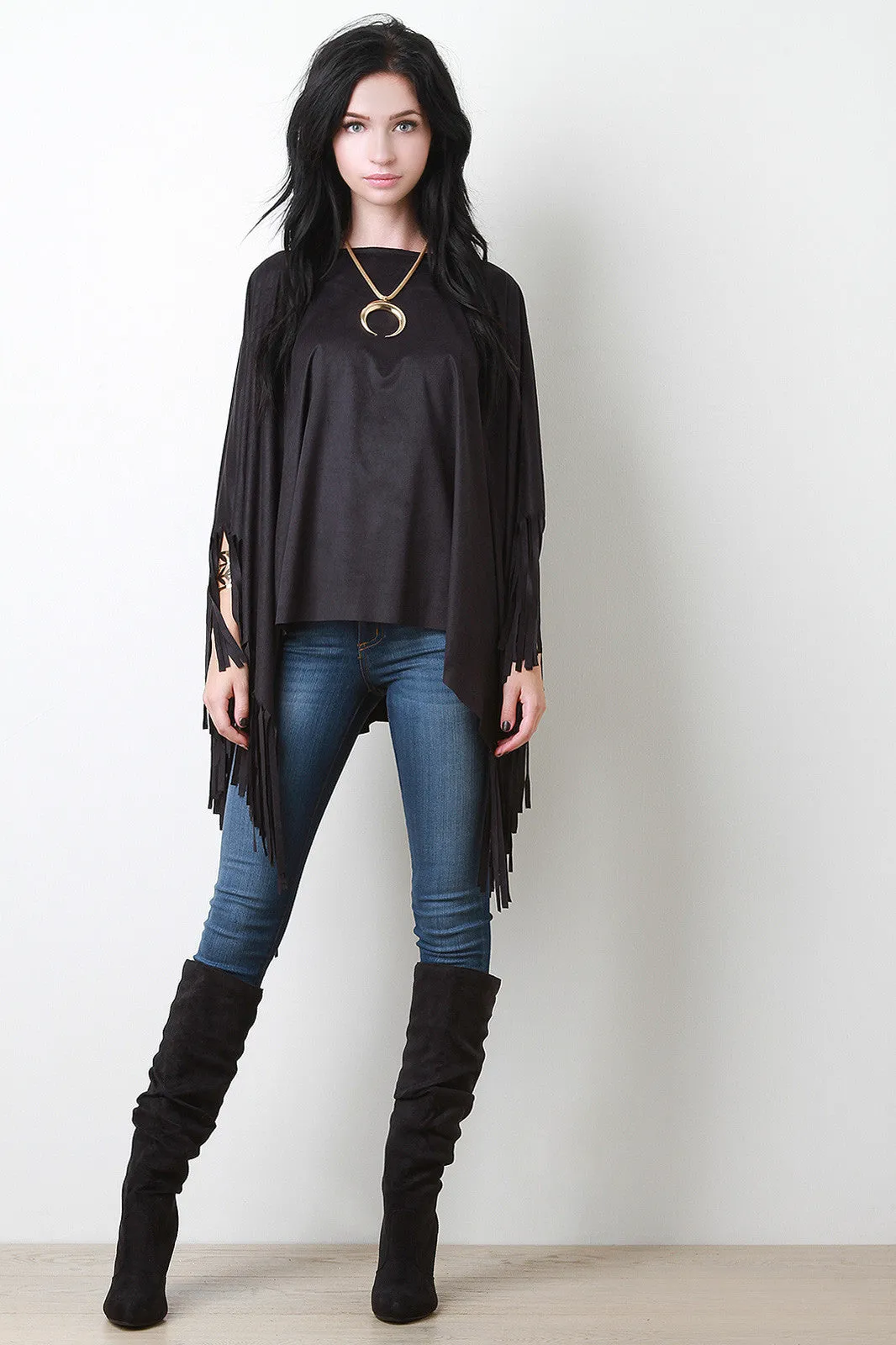 Vegan Suede Fringe Poncho