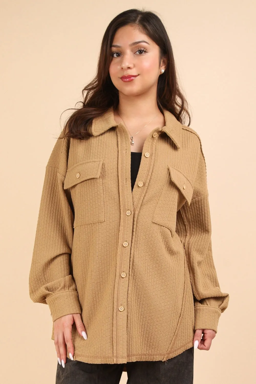 VERY J Button Down Textured Knit Shacket