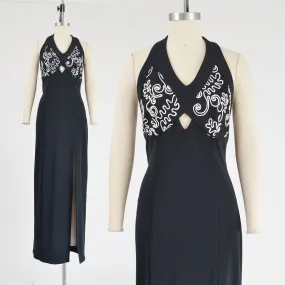 Vintage 90s Stretchy Black Halter Body Con Soutache Cut Out Maxi Dress with Slit size M L