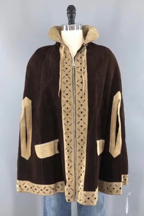 Vintage Suede Leather Cape Poncho Hippie Jacket