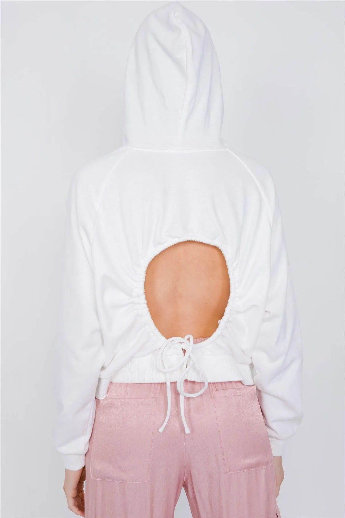 White Cotton Open Back Relaxed Fit Adjustable Hoodie Sweatshirt