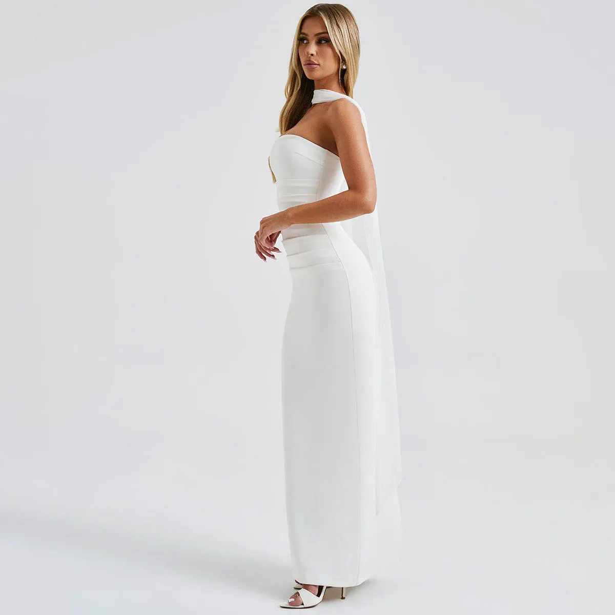 Women Sexy Tube Top Mesh Oversleeve Formal Dress