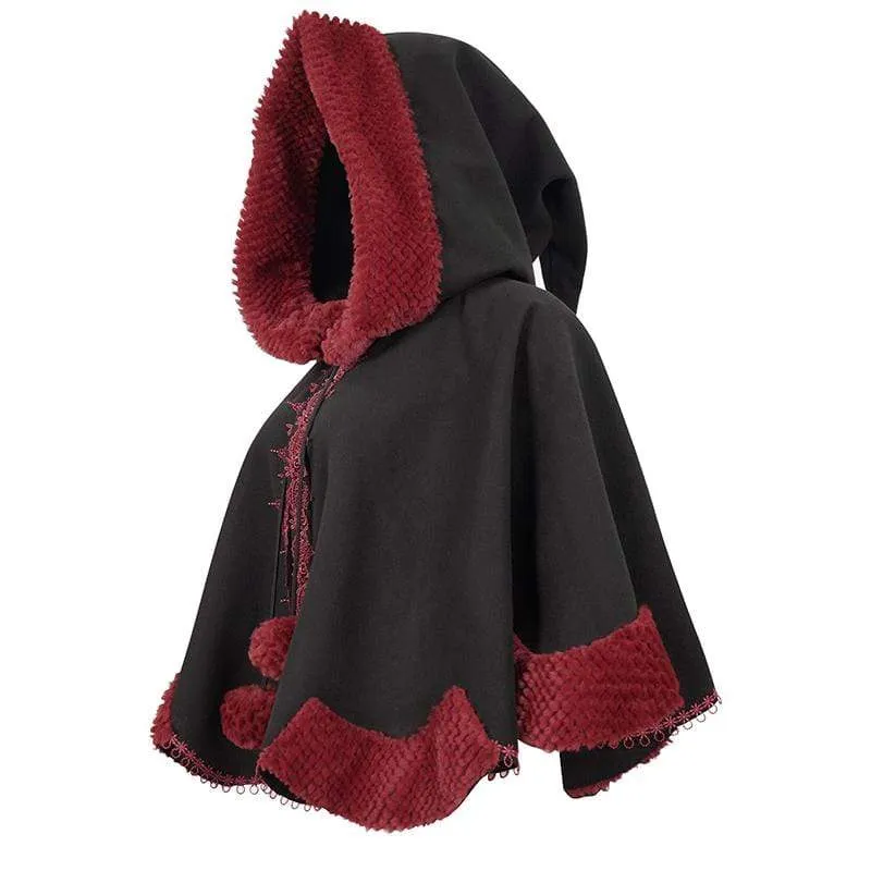 Women's Gothic Floral Embroidered Splice Cape with Hood Black