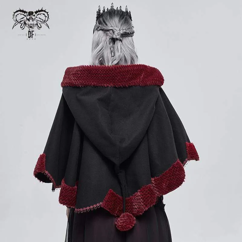 Women's Gothic Floral Embroidered Splice Cape with Hood Black