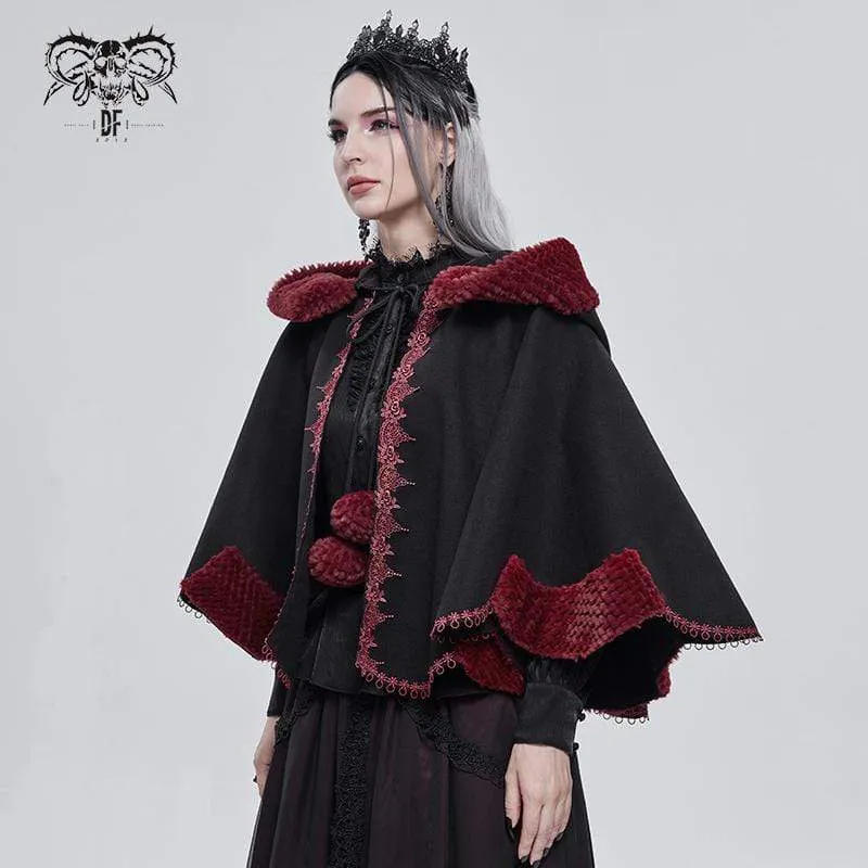 Women's Gothic Floral Embroidered Splice Cape with Hood Black