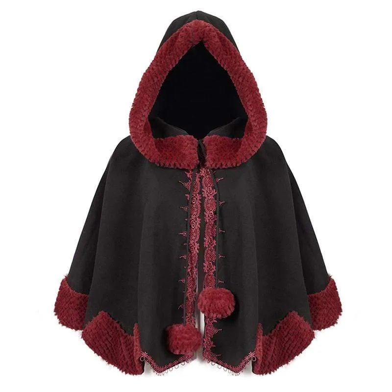 Women's Gothic Floral Embroidered Splice Cape with Hood Black