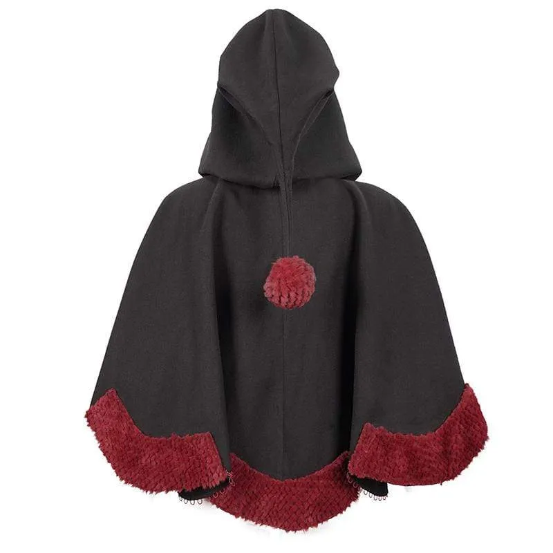 Women's Gothic Floral Embroidered Splice Cape with Hood Black