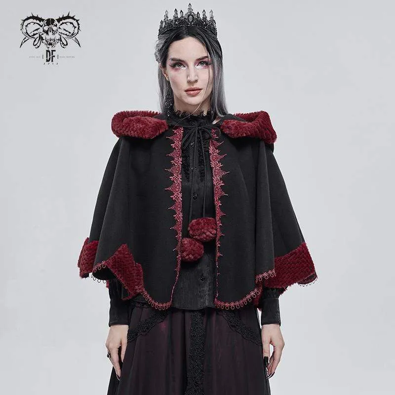 Women's Gothic Floral Embroidered Splice Cape with Hood Black