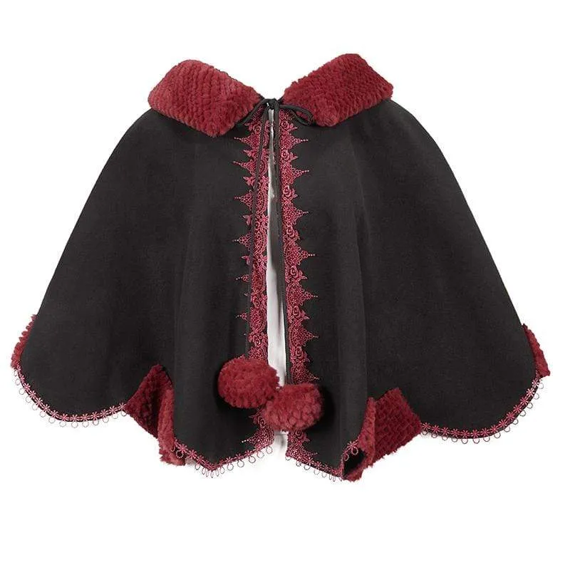 Women's Gothic Floral Embroidered Splice Cape with Hood Black