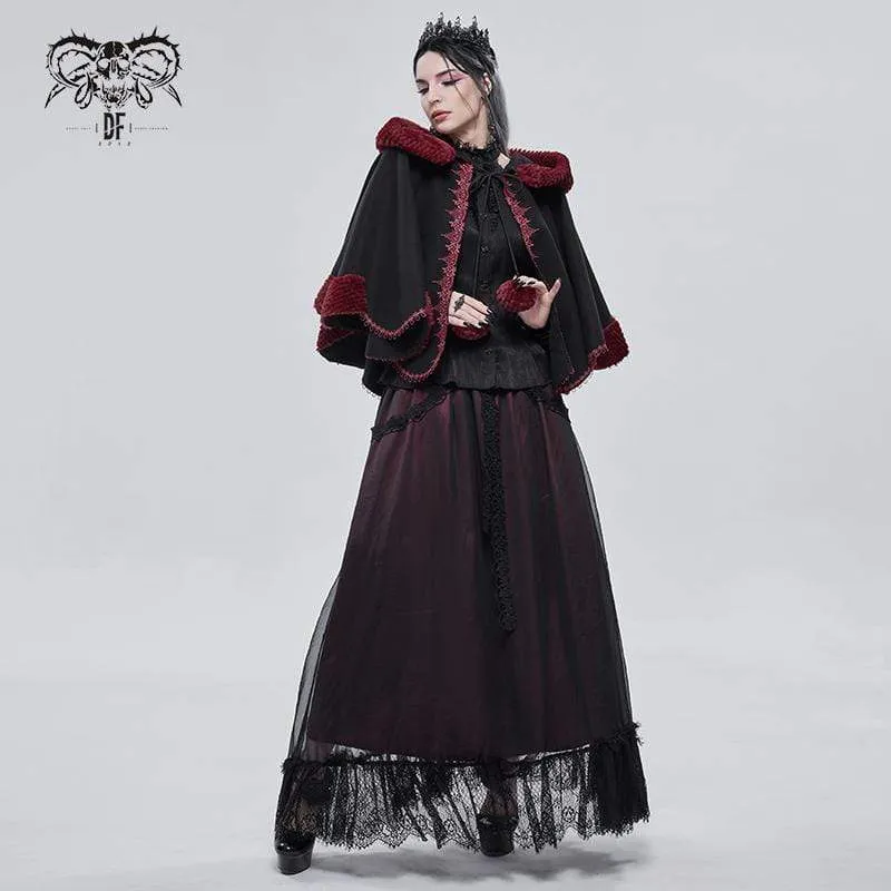 Women's Gothic Floral Embroidered Splice Cape with Hood Black