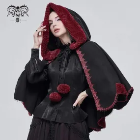 Women's Gothic Floral Embroidered Splice Cape with Hood Black