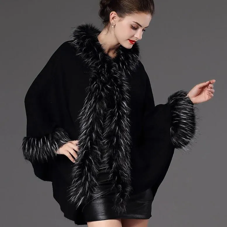 Women's Winter Casual V-Neck Poncho With Faux Fox Fur