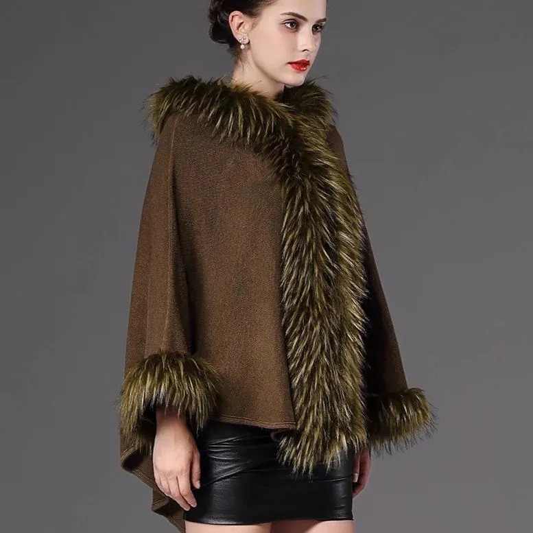 Women's Winter Casual V-Neck Poncho With Faux Fox Fur