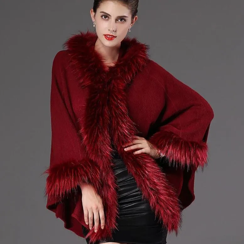 Women's Winter Casual V-Neck Poncho With Faux Fox Fur