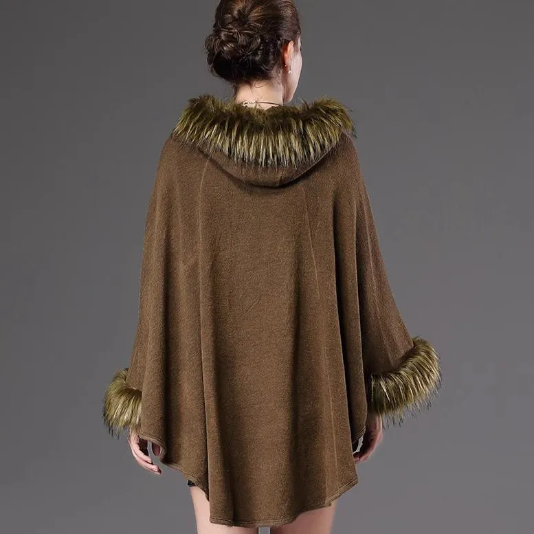 Women's Winter Casual V-Neck Poncho With Faux Fox Fur