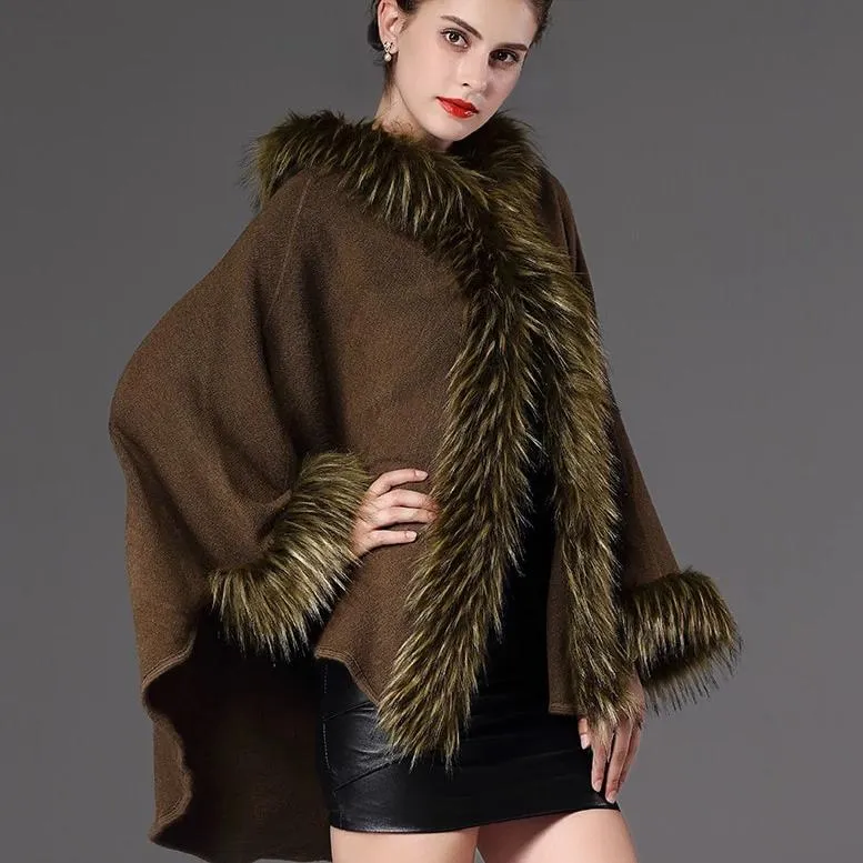 Women's Winter Casual V-Neck Poncho With Faux Fox Fur