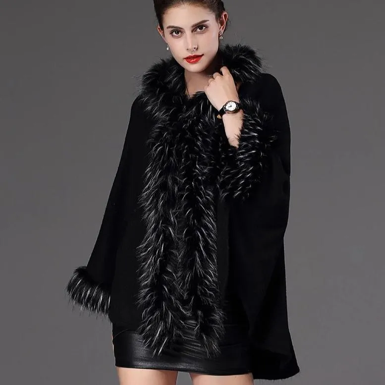 Women's Winter Casual V-Neck Poncho With Faux Fox Fur