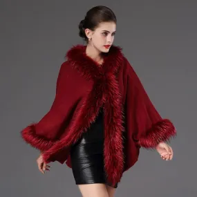 Women's Winter Casual V-Neck Poncho With Faux Fox Fur