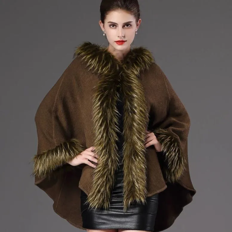 Women's Winter Casual V-Neck Poncho With Faux Fox Fur