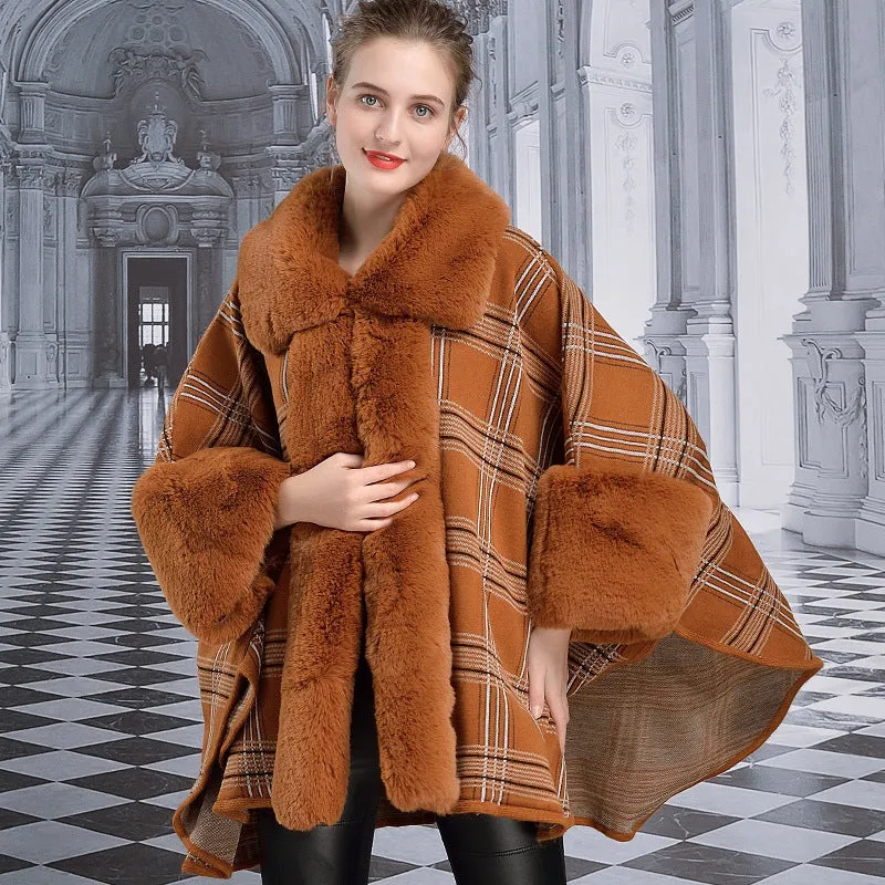 Women's Winter Warm Loose Poncho With Faux Rabbit Fur