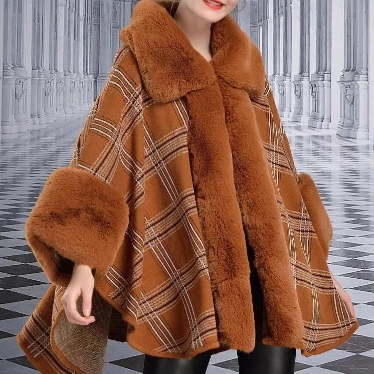 Women's Winter Warm Loose Poncho With Faux Rabbit Fur