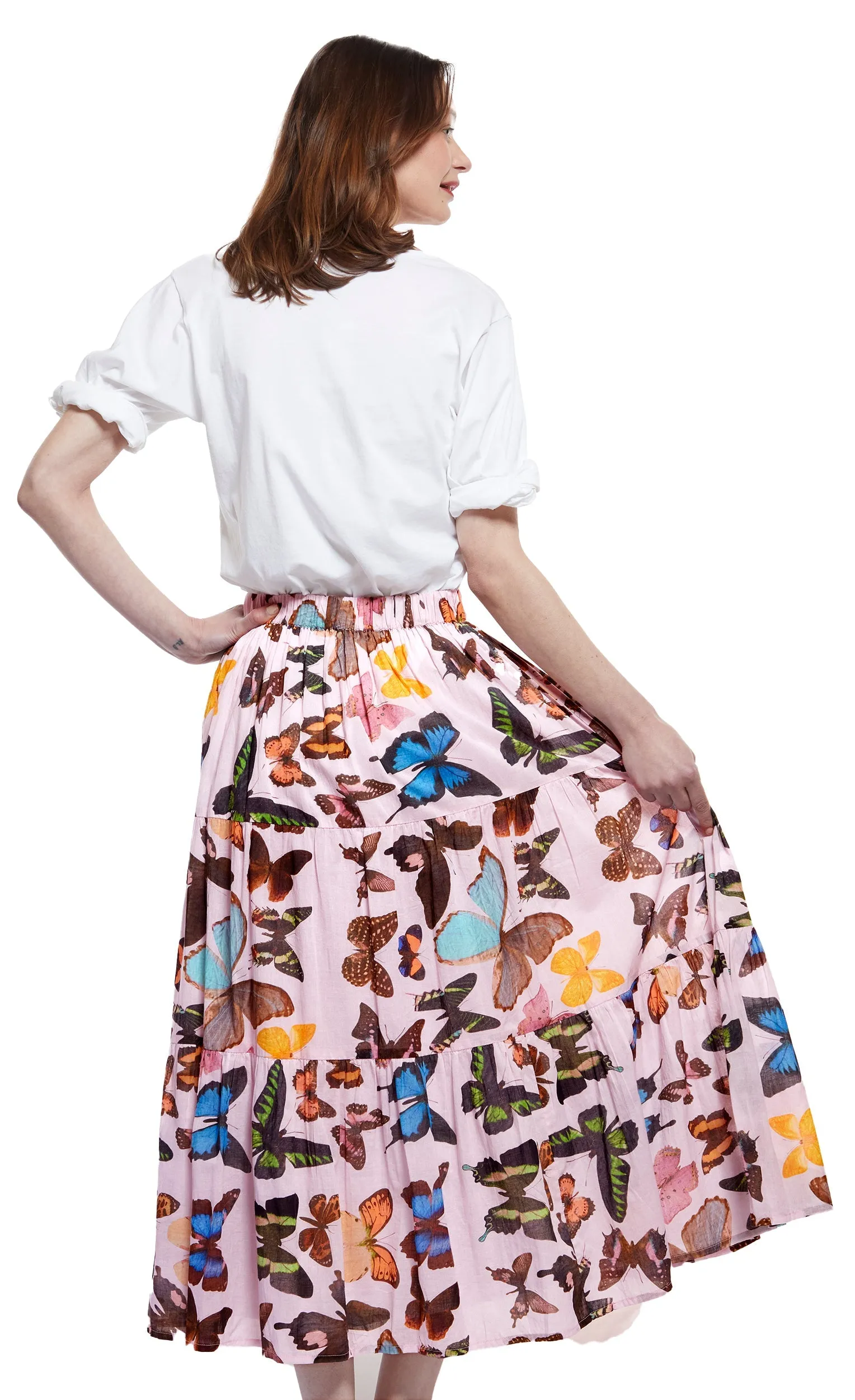 Woodstock Midi Skirt - Pink With Butterflies