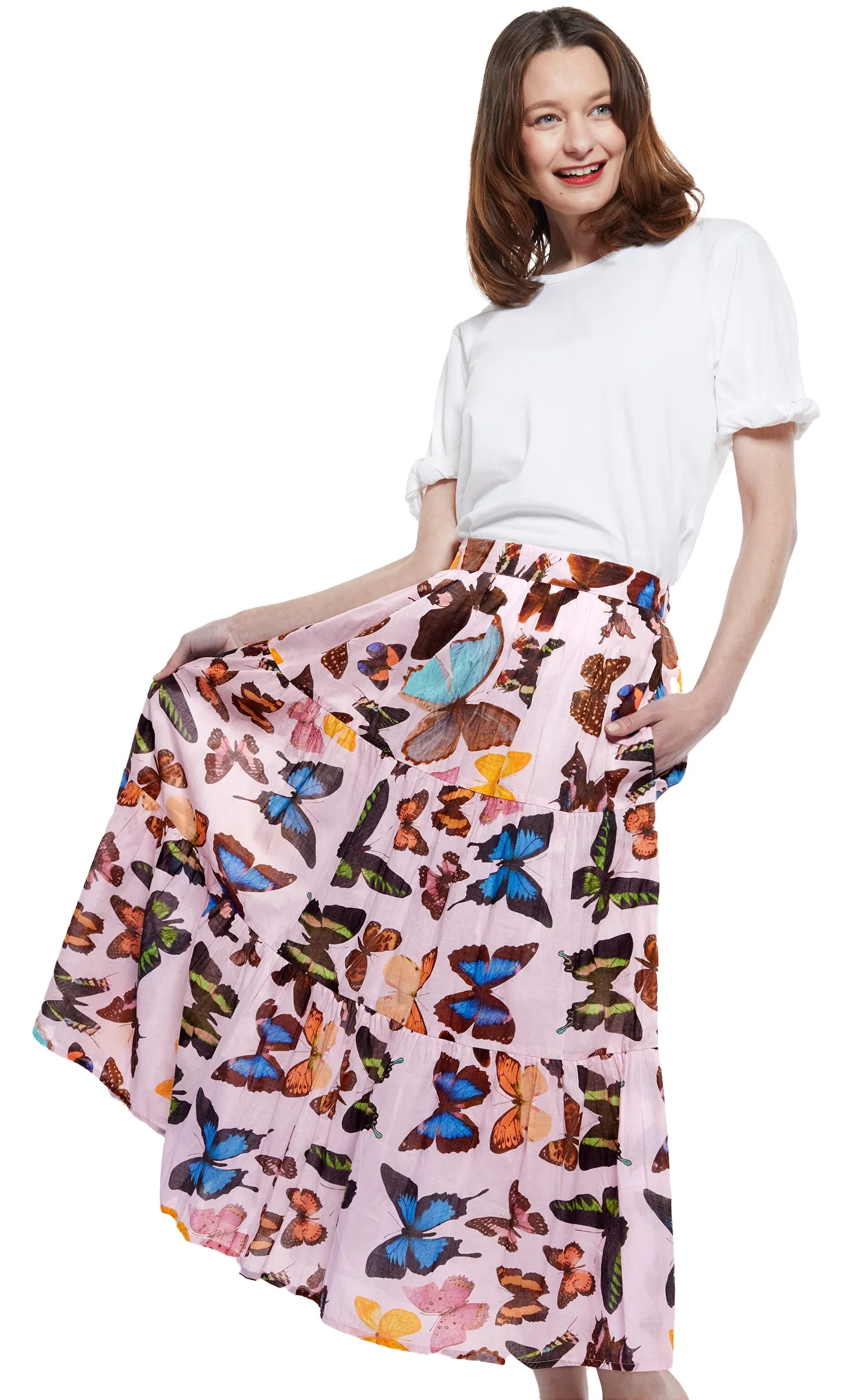 Woodstock Midi Skirt - Pink With Butterflies