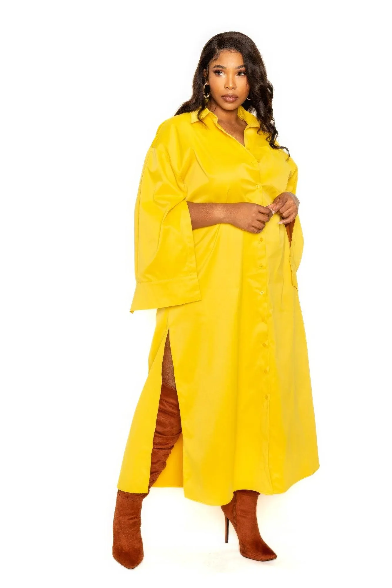 Yellow Cape Sleeve Shirt Dress