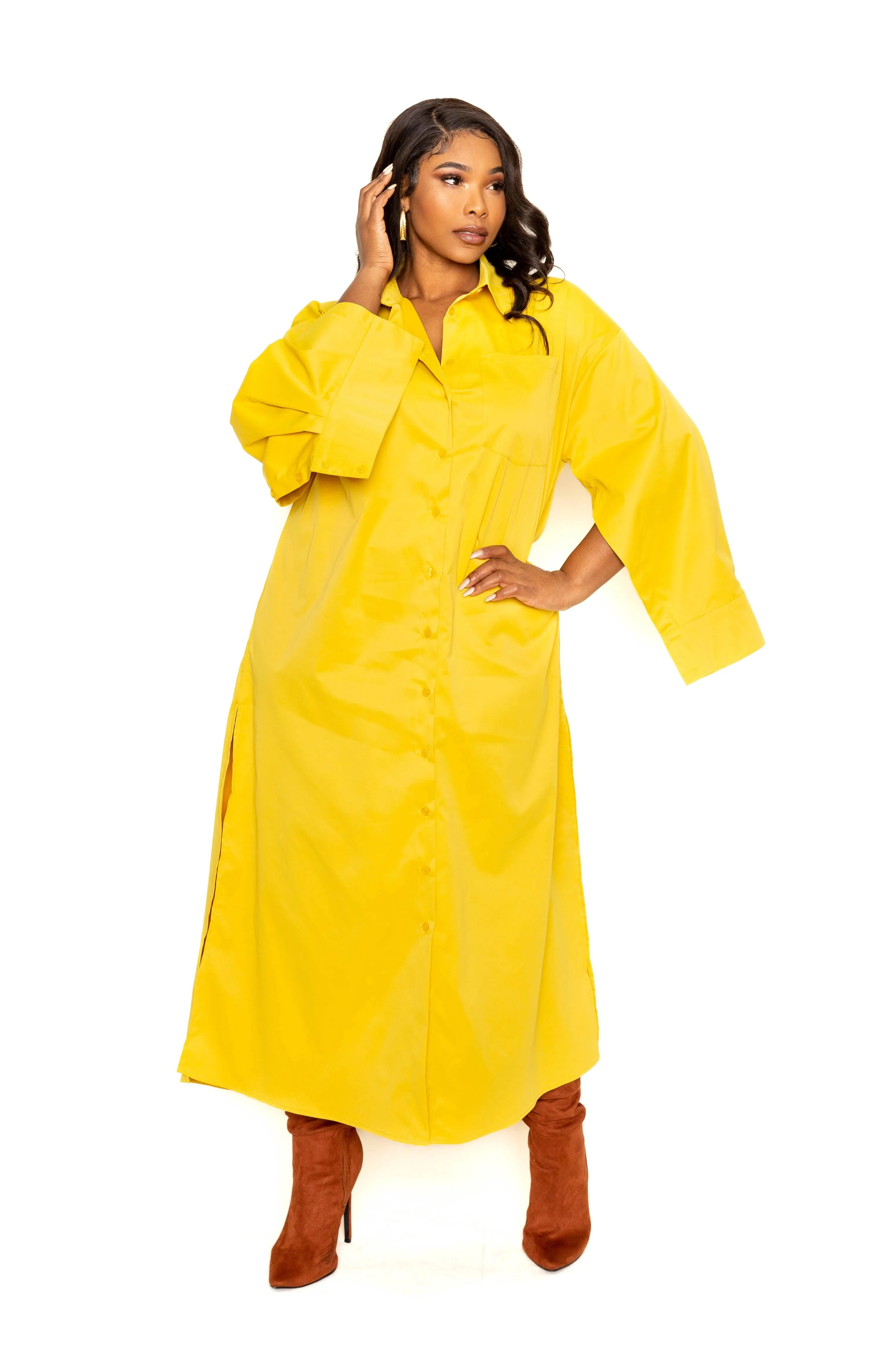 Yellow Cape Sleeve Shirt Dress