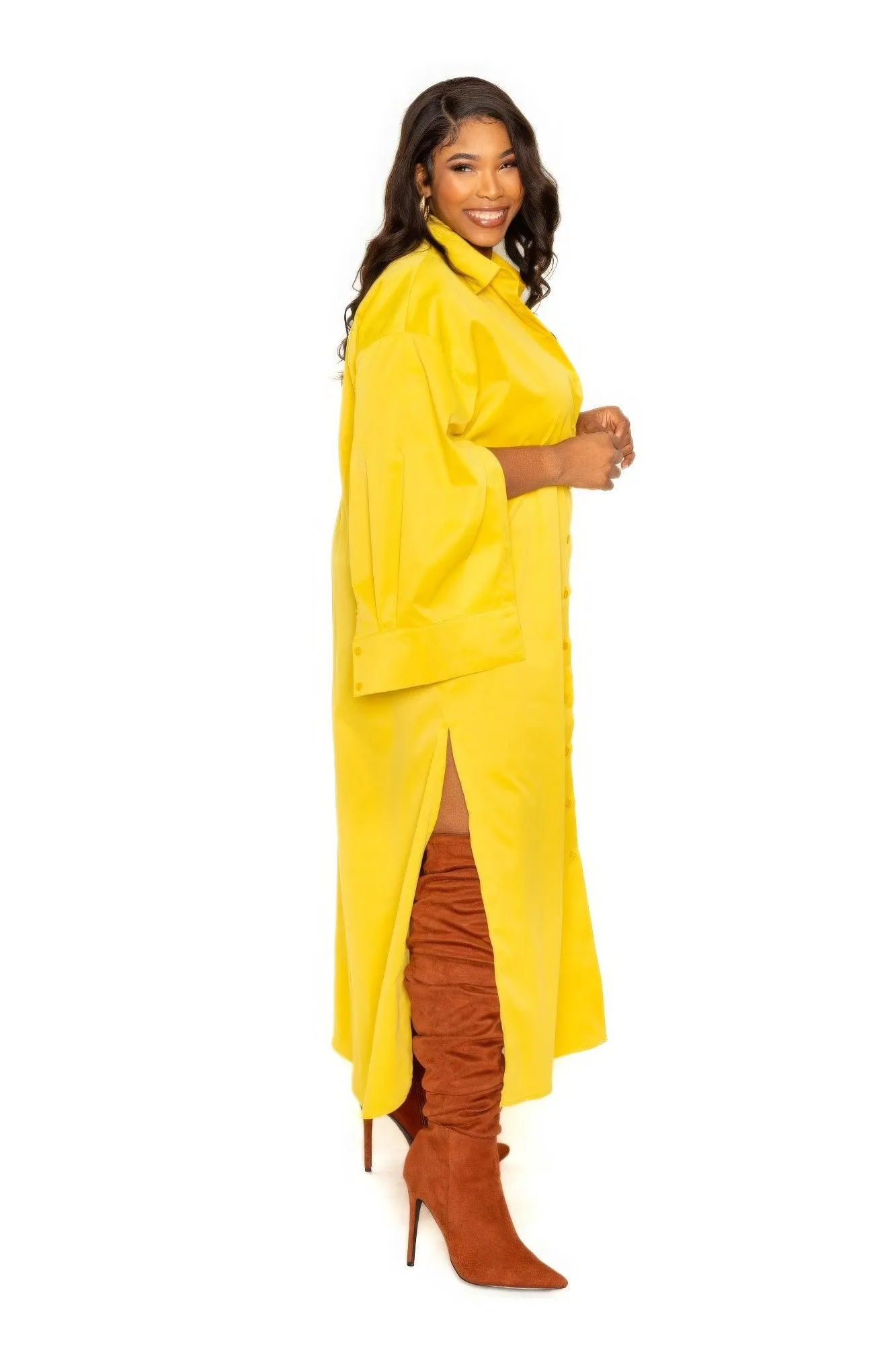 Yellow Cape Sleeve Shirt Dress