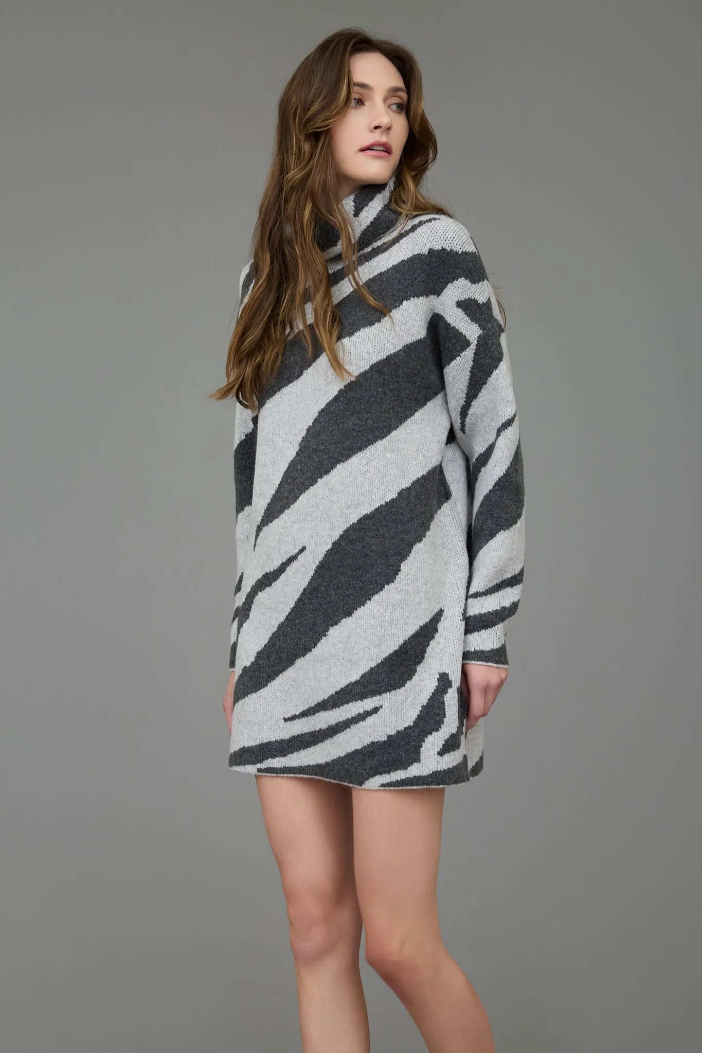 ZEBRA PRINT TURTLENECK LONG SLEEVE SWEATER DRESS