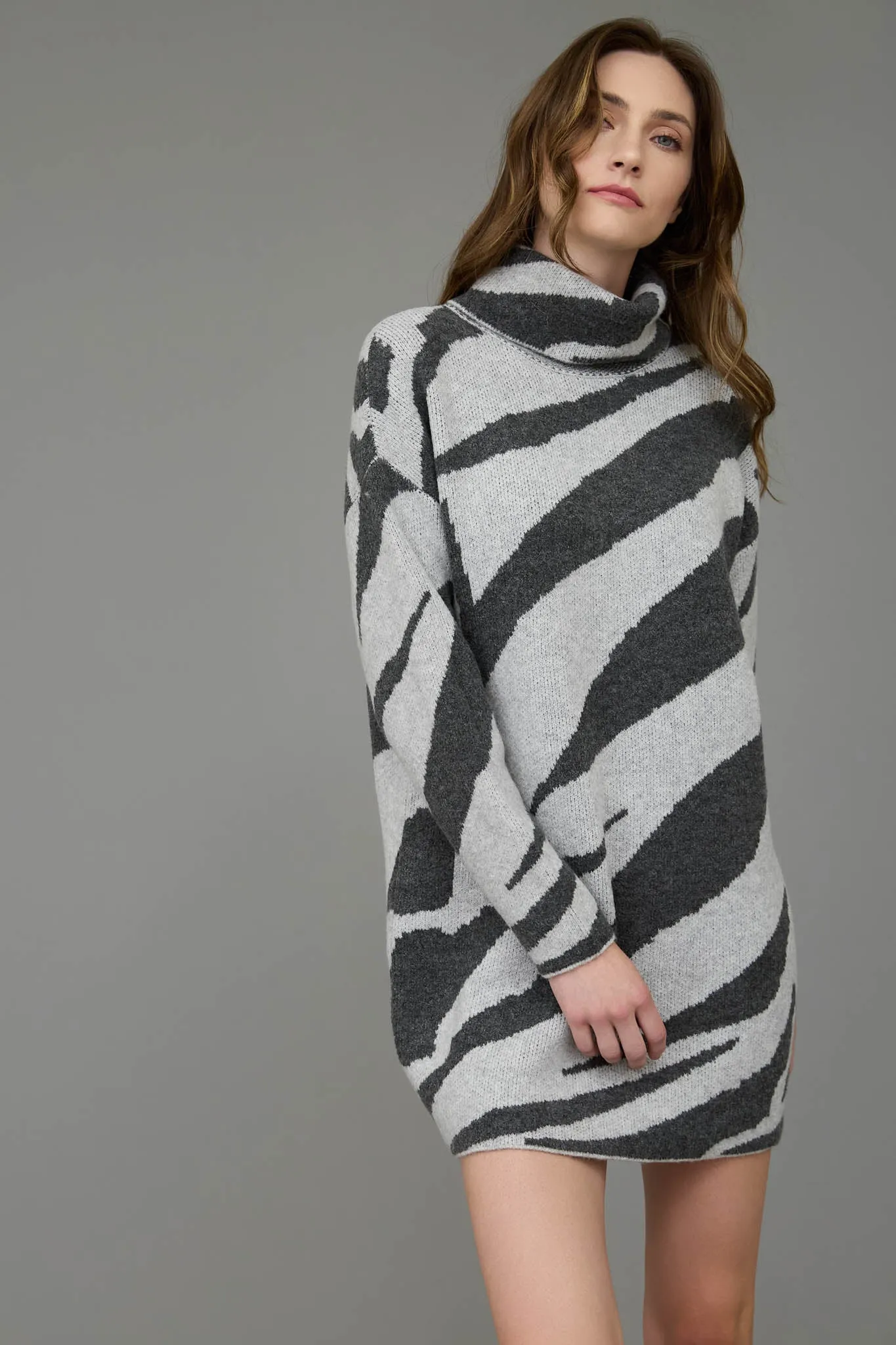 ZEBRA PRINT TURTLENECK LONG SLEEVE SWEATER DRESS